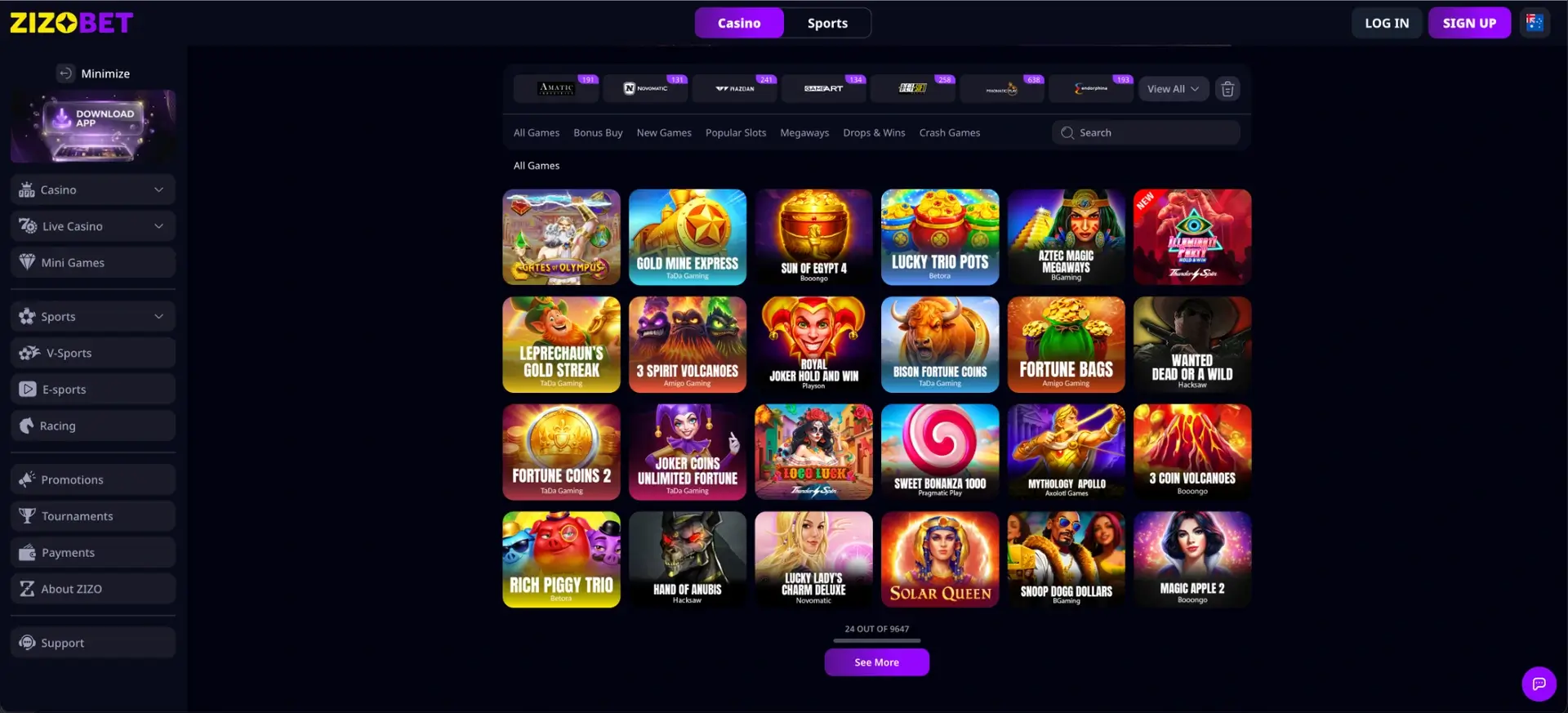 Zizobet casino games lobby