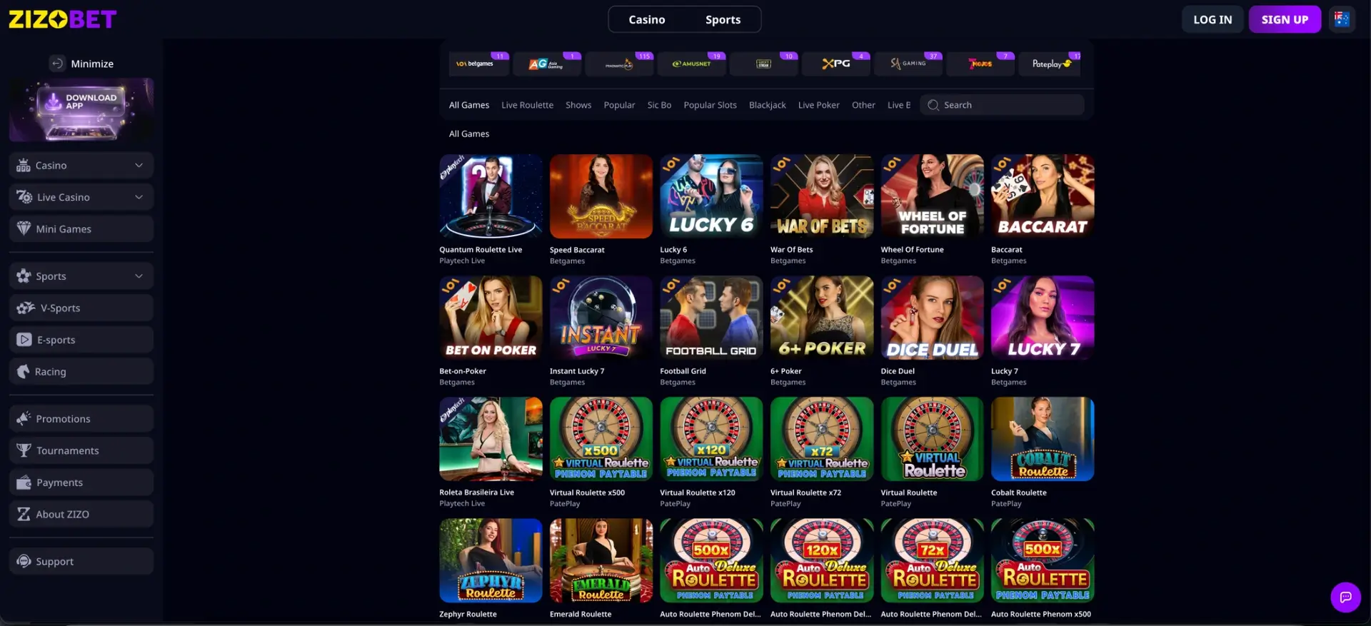 Live dealer games at Zizobet