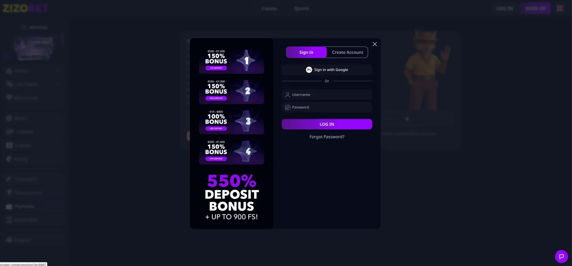 Zizobet login window