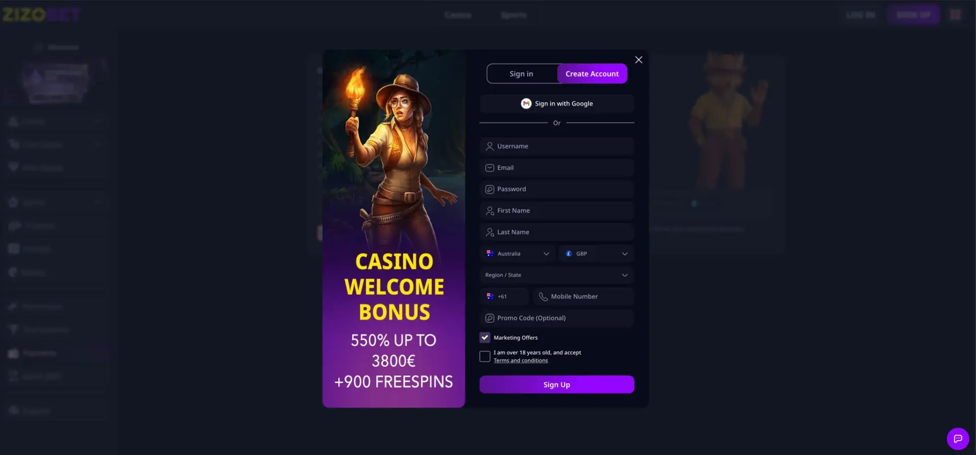 Zizobet sign-up window