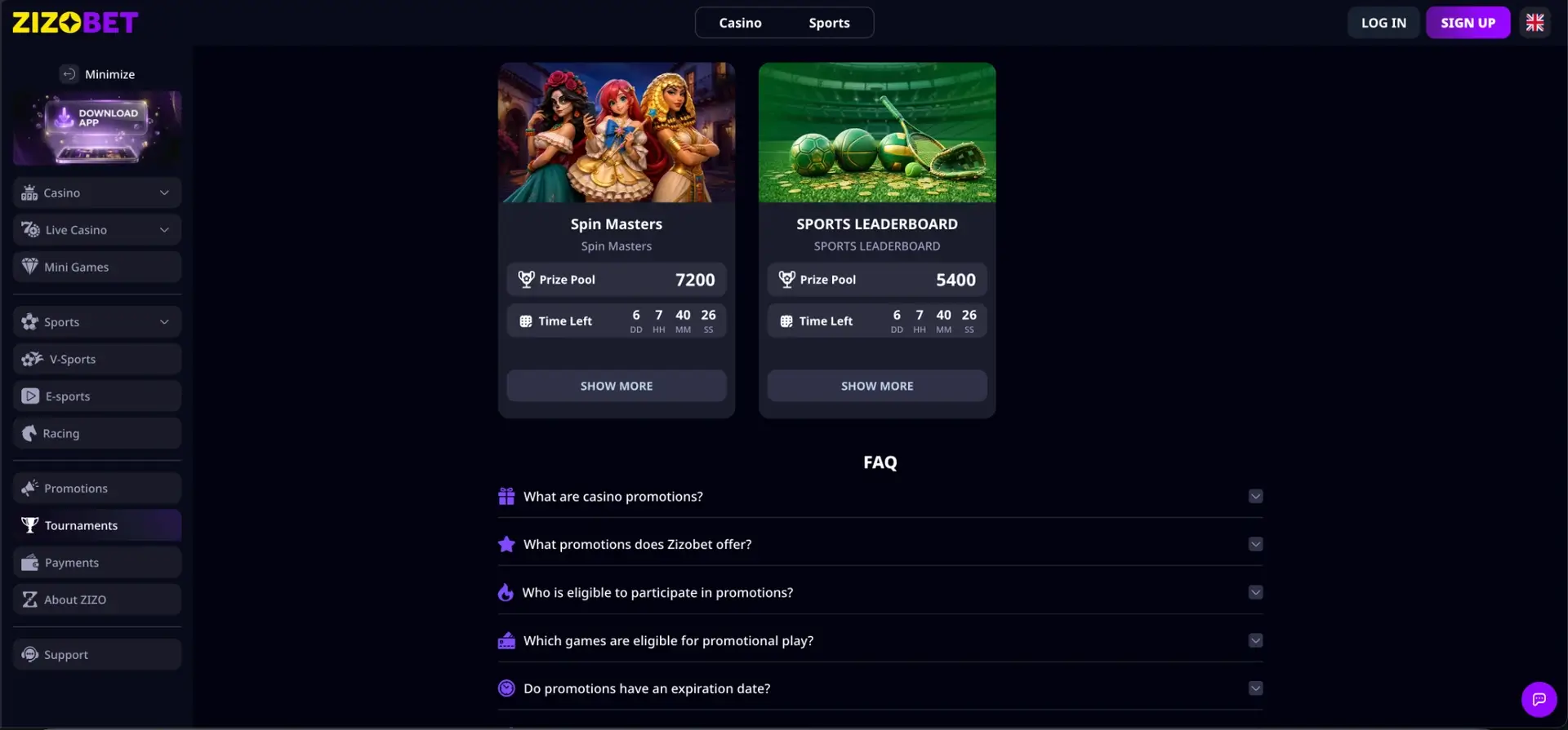 Zizobet tournaments and rewards